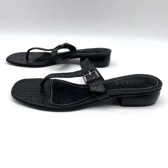 Vintage 90s Lauren Ralph Lauren DONCIA Black Croc Leather Buckle Sandals 7.5B - Picture 6 of 16